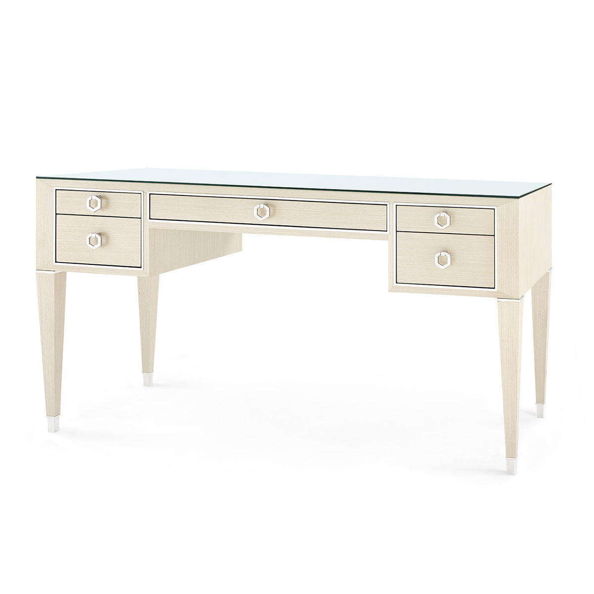 Villa & House Morris Desk with Glass Top, Blanched Oak and Nickel