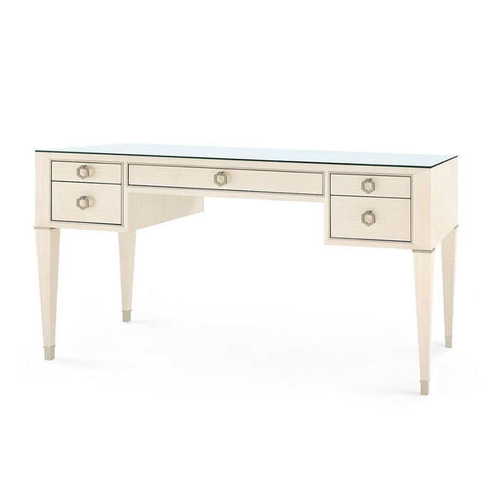 Villa & House Morris Desk with Glass Top, Blanched Oak and Satin Bronze