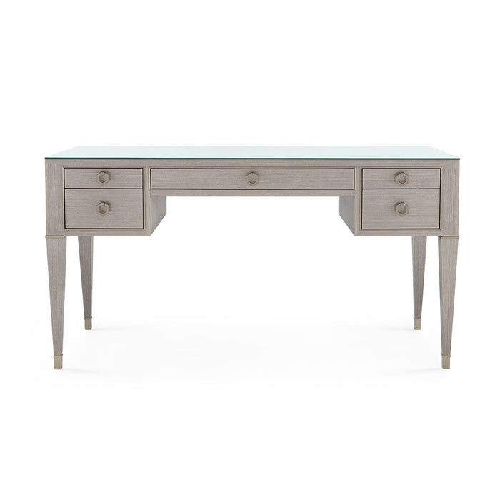 Villa & House Morris Desk with Glass Top, Taupe Gray and Satin Bronze