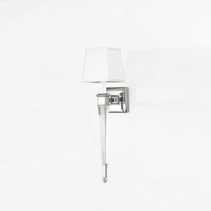 Wall-mounted sconce with white shade and a shiny chrome finish on a white background