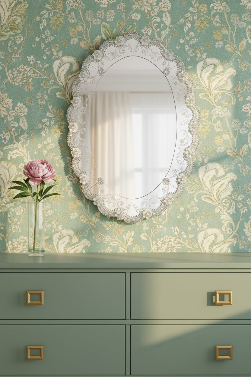 Ornate Murano glass mirror on a sage green dresser with sage paisley wallpaper