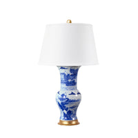 Villa & House Pavillion Lamp with Shade 16-inch White Linen, with Gold, Blue and White