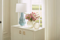 Villa & House Quinn Lamp with Shade 17-inch White Linen, with Nickel, Waterfall Blue