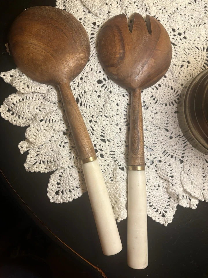 Design Shop Mango Wood Salad Server Set with White Handles