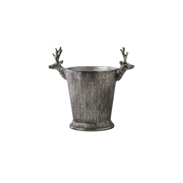 Decorative metal ice bucket with deer antler handles on a white background