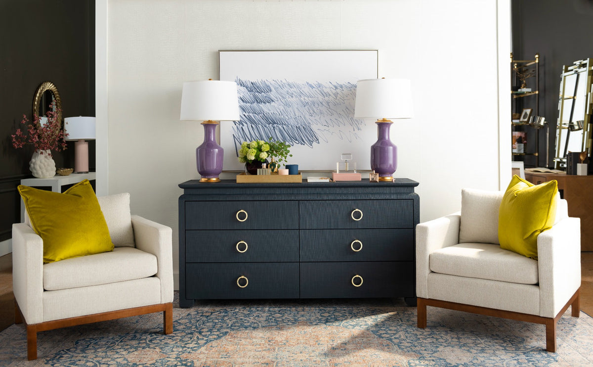 Villa & House Thalia Lamp with Shade 17-inch White Linen, with Gold, Lilac