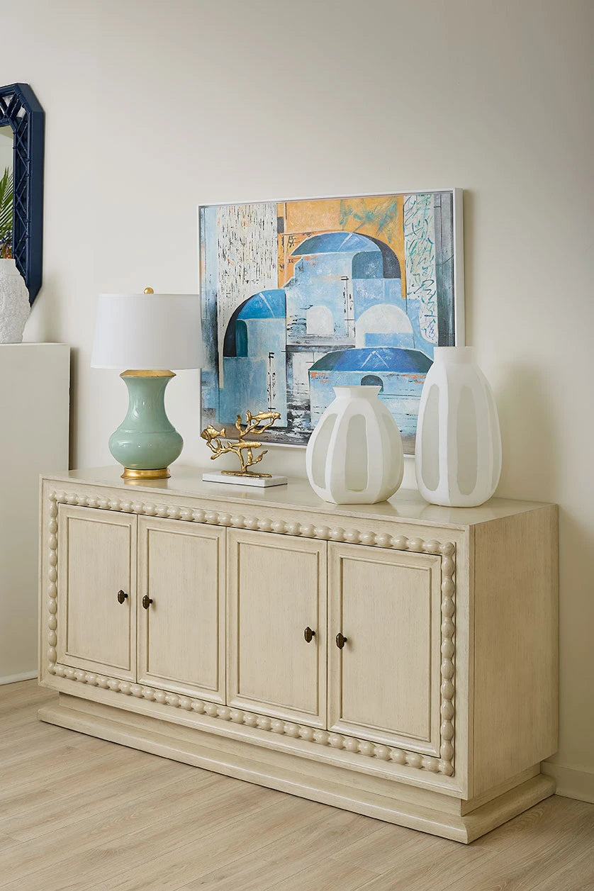 Villa & House Thiri Lamp with Shade 17-inch White Linen, with Gold, Pale Celadon
