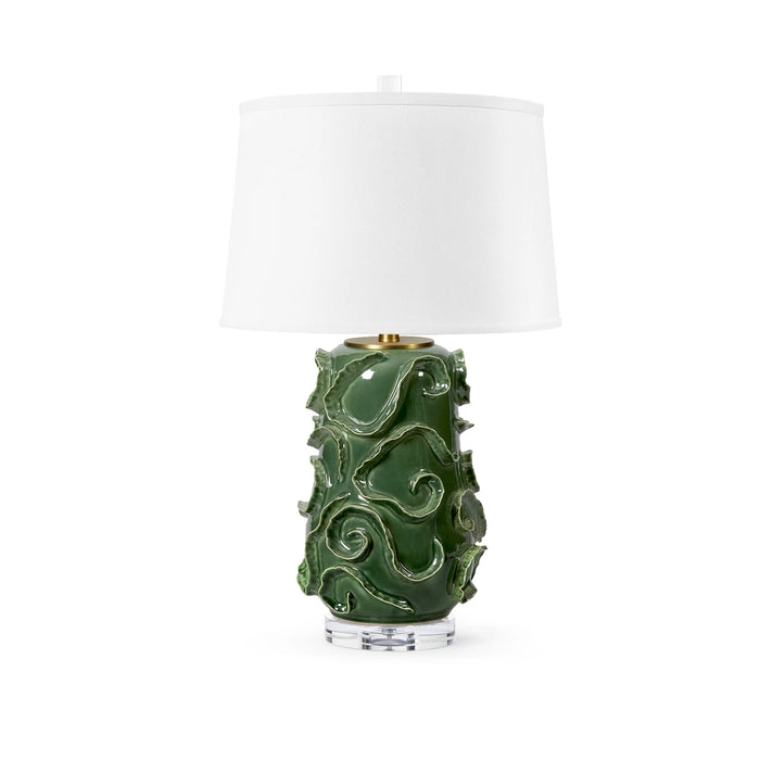 Villa & House Vinework Lamp with Shade 17-inch White Linen, with Gold, Botanical Green