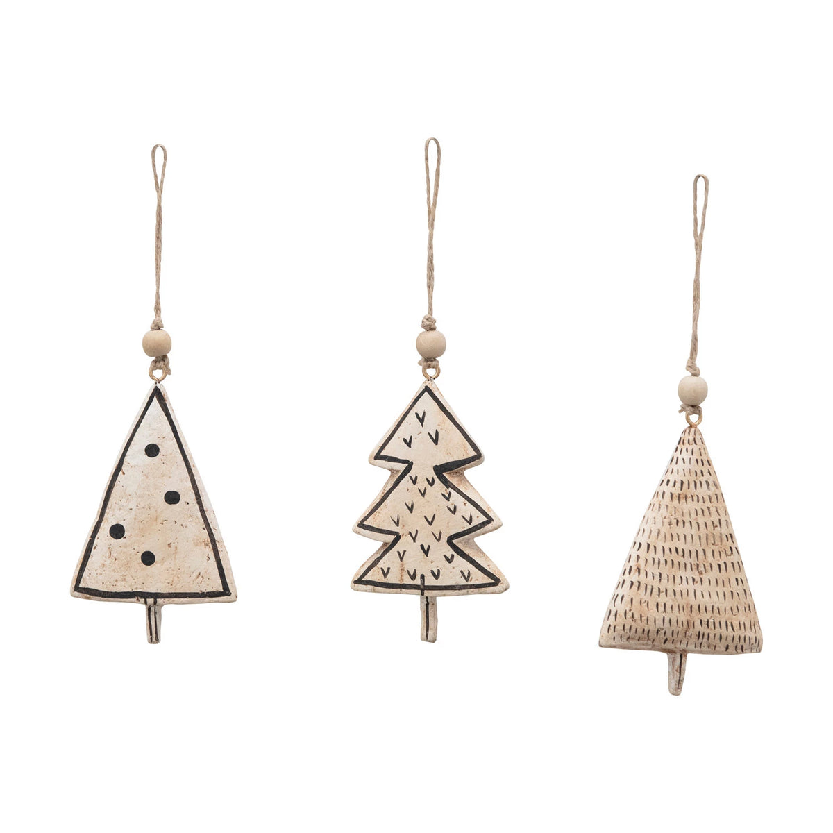 Design Shop 3-3/4"H Handmade Paper Mache Tree Ornament with Wood Bead, Black and White, Set of 3.