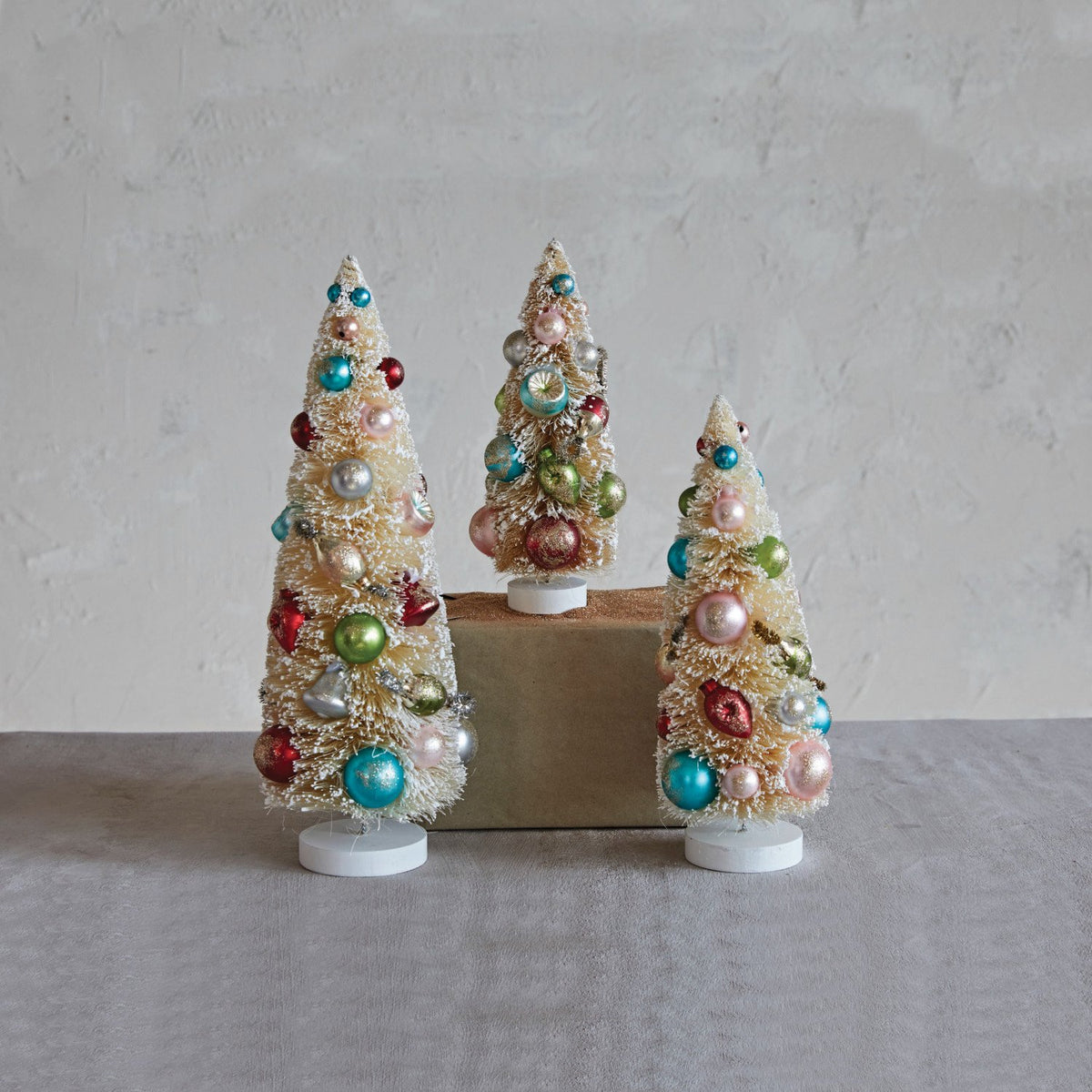 Design Shop Sisal Bottle Brush Trees w/ Multi Color Ornaments & Wood Bases, Antique White, Set of 3
