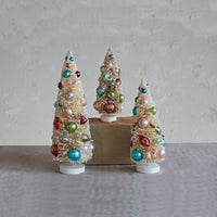 Design Shop Sisal Bottle Brush Trees w/ Multi Color Ornaments & Wood Bases, Antique White, Set of 3