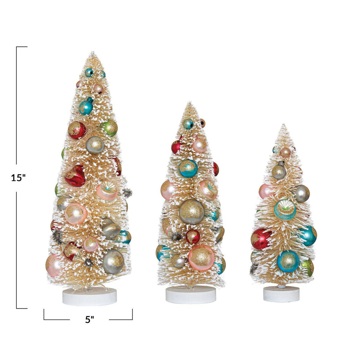 Design Shop Sisal Bottle Brush Trees w/ Multi Color Ornaments & Wood Bases, Antique White, Set of 3