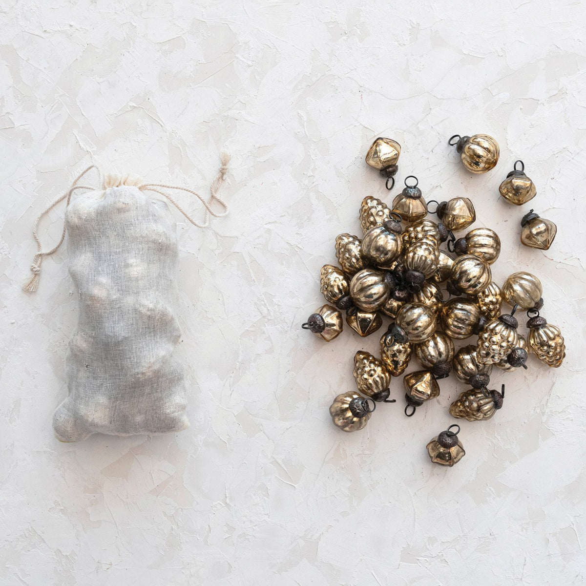 Design Shop 1"H Embossed Mercury Glass Ornaments in Muslin Bag, Antique Gold Finish, Set of 36