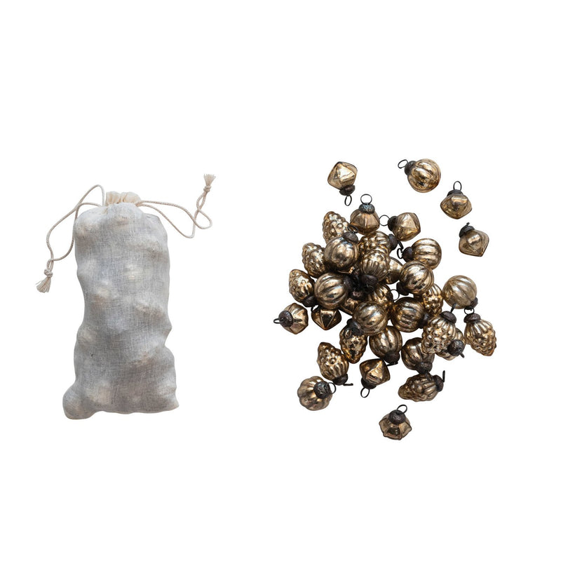 Design Shop 1"H Embossed Mercury Glass Ornaments in Muslin Bag, Antique Gold Finish, Set of 36