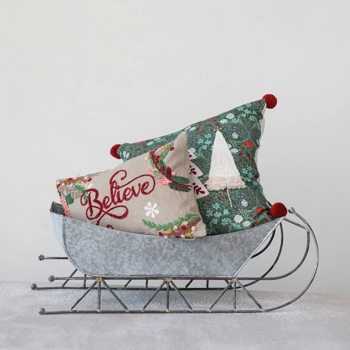 Design Shop 16"L x 10"H Cotton Chambray Embroidered Lumbar Pillow w/ Snowflakes & Foliage "Believe"