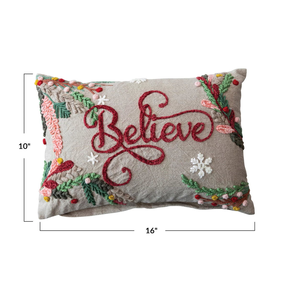 Design Shop 16"L x 10"H Cotton Chambray Embroidered Lumbar Pillow w/ Snowflakes & Foliage "Believe"