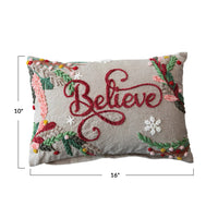 Design Shop 16"L x 10"H Cotton Chambray Embroidered Lumbar Pillow w/ Snowflakes & Foliage "Believe"