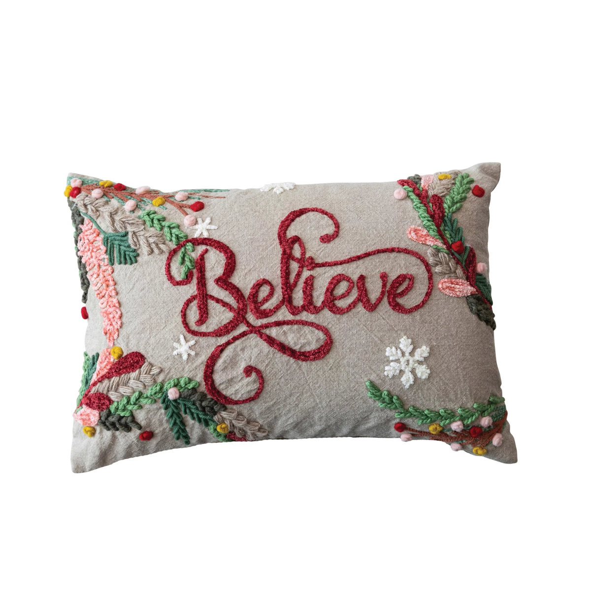 Design Shop 16"L x 10"H Cotton Chambray Embroidered Lumbar Pillow w/ Snowflakes & Foliage "Believe"
