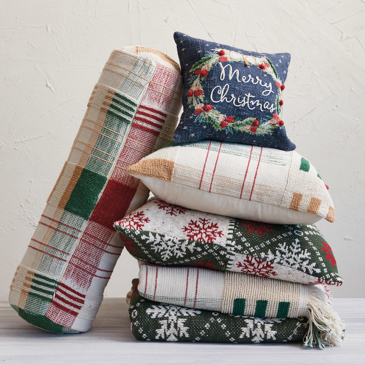 Design Shop 12" Square Cotton Printed Pillow w/ Wreath, Embroidery, Beads & Pom Poms