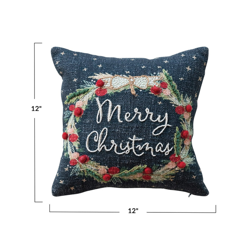 Design Shop 12" Square Cotton Printed Pillow w/ Wreath, Embroidery, Beads & Pom Poms