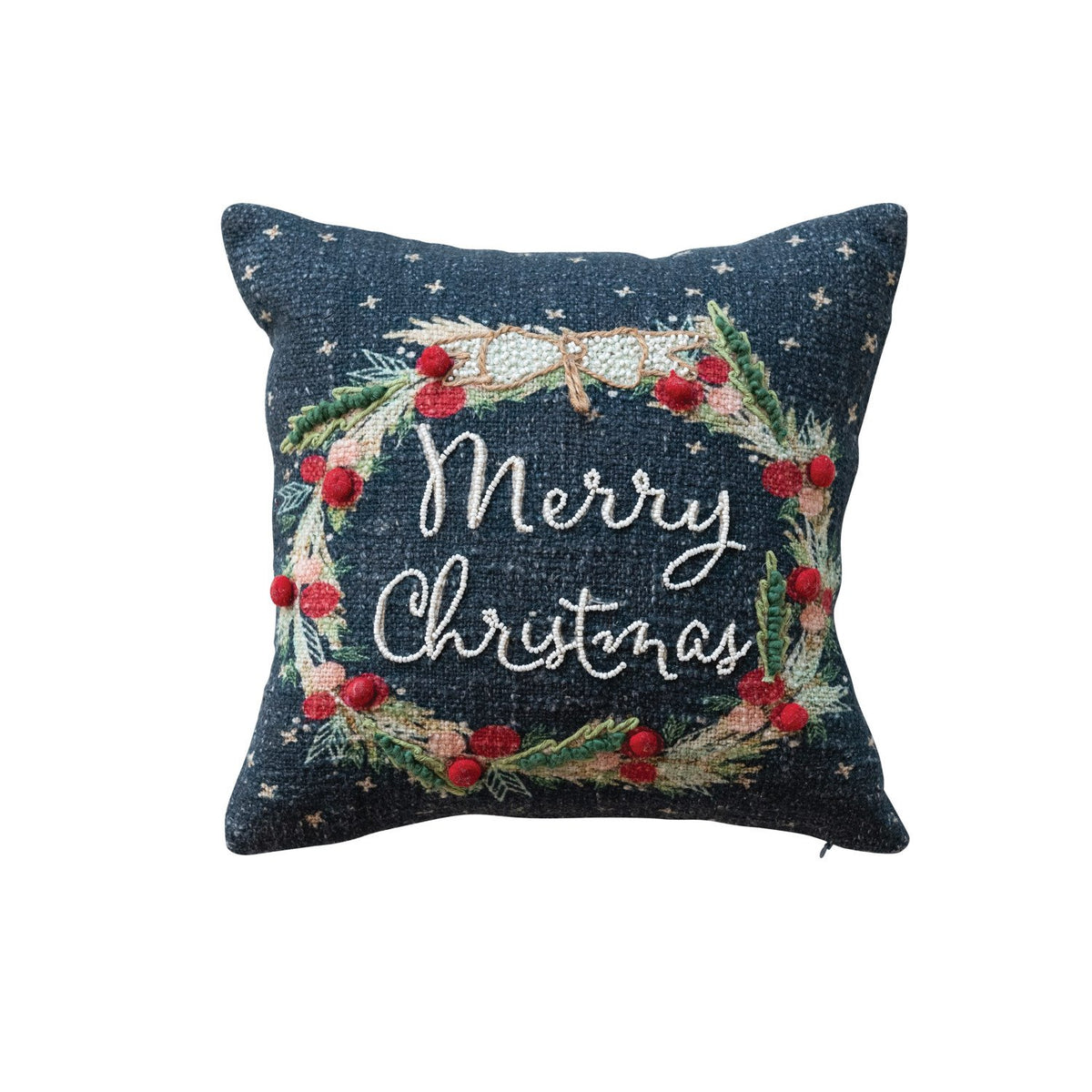 Design Shop 12" Square Cotton Printed Pillow w/ Wreath, Embroidery, Beads & Pom Poms