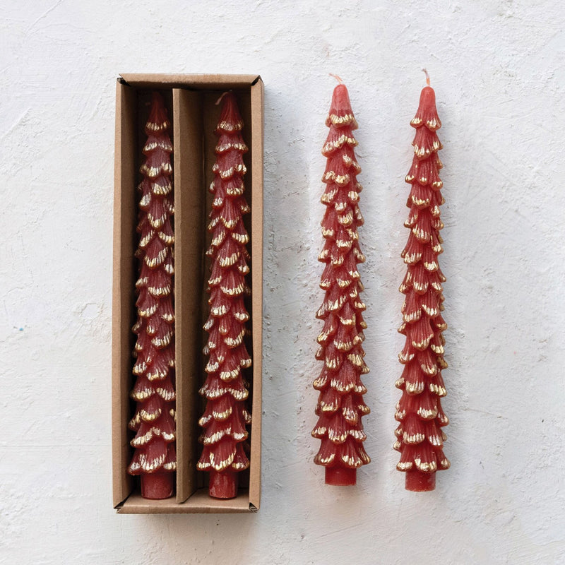 Design Shop Unscented Tree Shaped Taper Candles w/ Gold Tips in Box, Set of 2