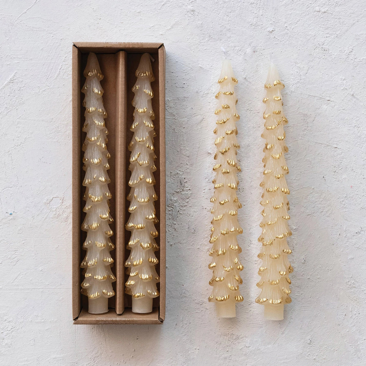 Design Shop Unscented Tree Shaped Taper Candes in Box, Eggnog Color, Set of 2