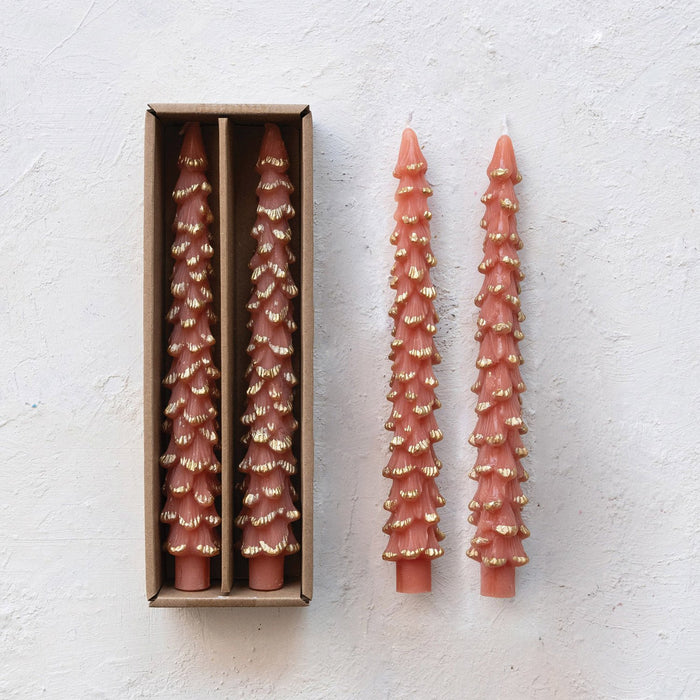 Design Shop Unscented Tree Shaped Taper Candles w/ Gold Tips in Box, Coral Color, Set of 2