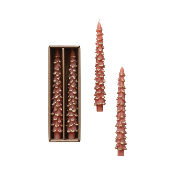 Design Shop Unscented Tree Shaped Taper Candles w/ Gold Tips in Box, Coral Color, Set of 2