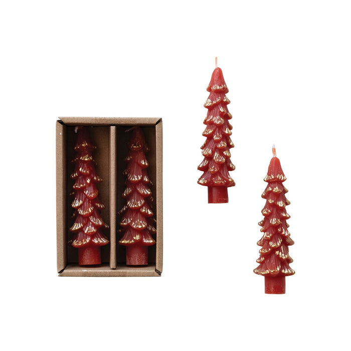 Tree-shaped taper candles with gold tips, displayed both individually and within a packaging box.