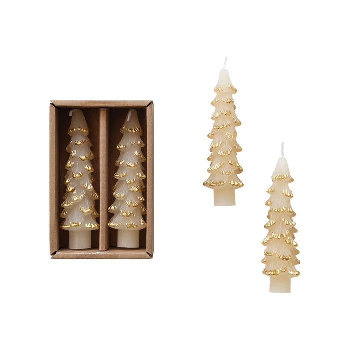 Design Shop Unscented Tree Shaped Taper Candles w/ Gold Tips in Box, Eggnog Color, Set of 2