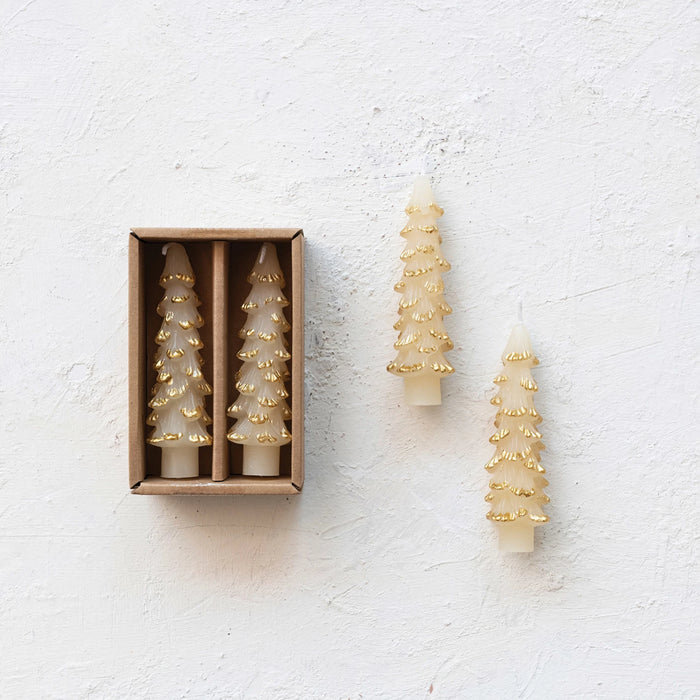 Design Shop Unscented Tree Shaped Taper Candles w/ Gold Tips in Box, Eggnog Color, Set of 2