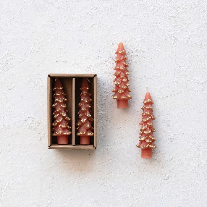 Design Shop Unscented Tree Shaped Taper Candles w/ Gold Tips in Box, Coral Color, Set of 2