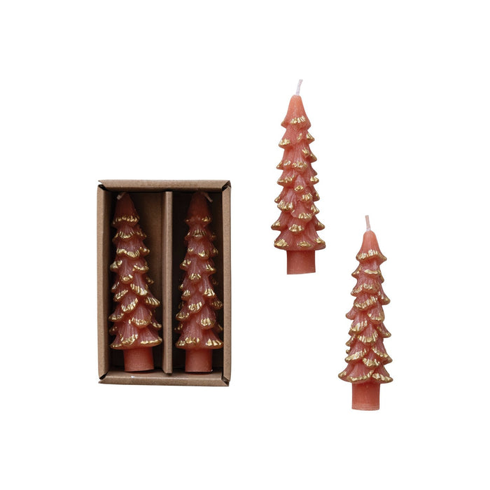Design Shop Unscented Tree Shaped Taper Candles w/ Gold Tips in Box, Coral Color, Set of 2