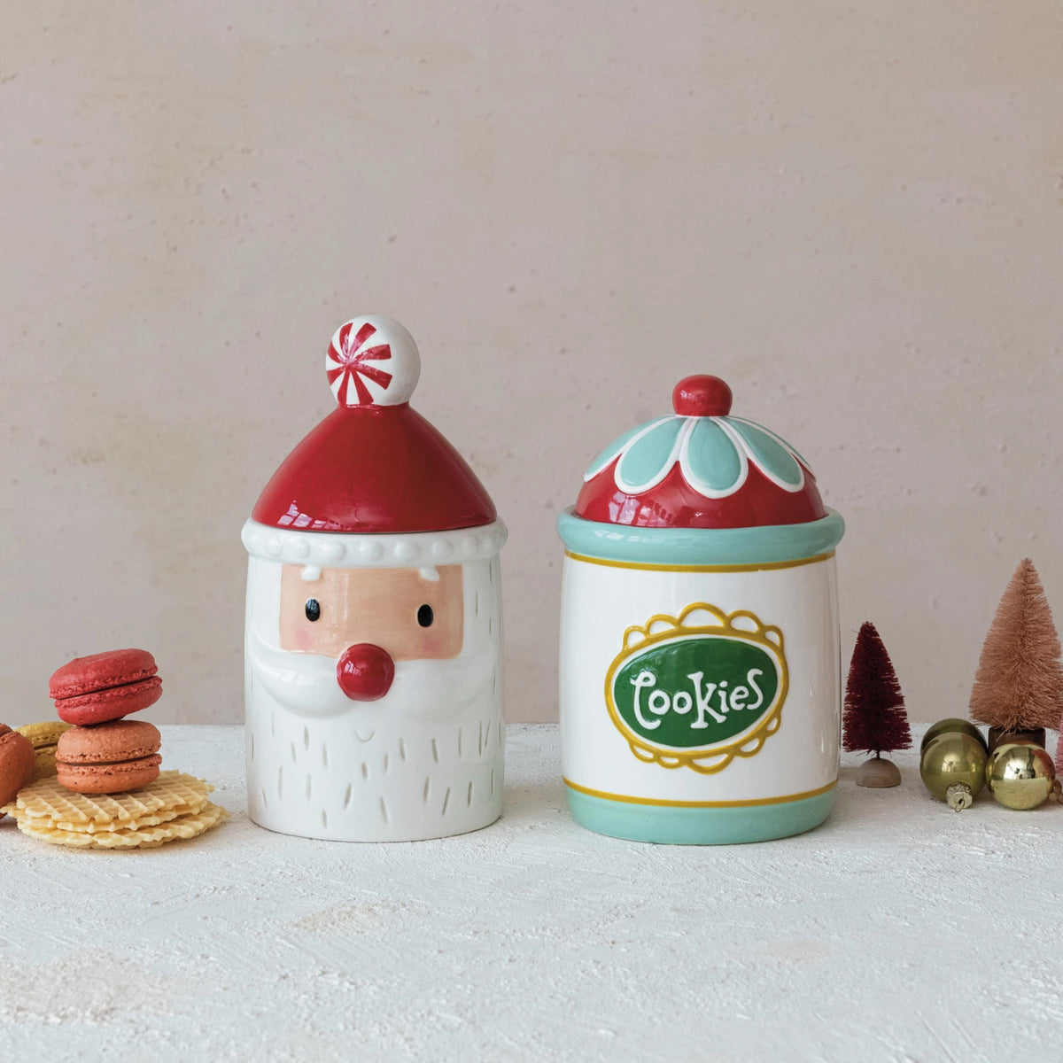 Design Shop Hand-Painted Ceramic Santa Shaped Cookie Jar w/ Lid, Red & White