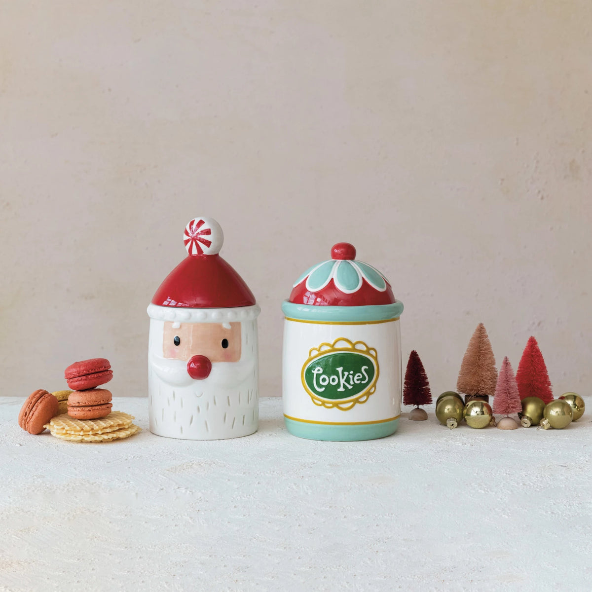 Design Shop Hand-Painted Ceramic Santa Shaped Cookie Jar w/ Lid, Red & White