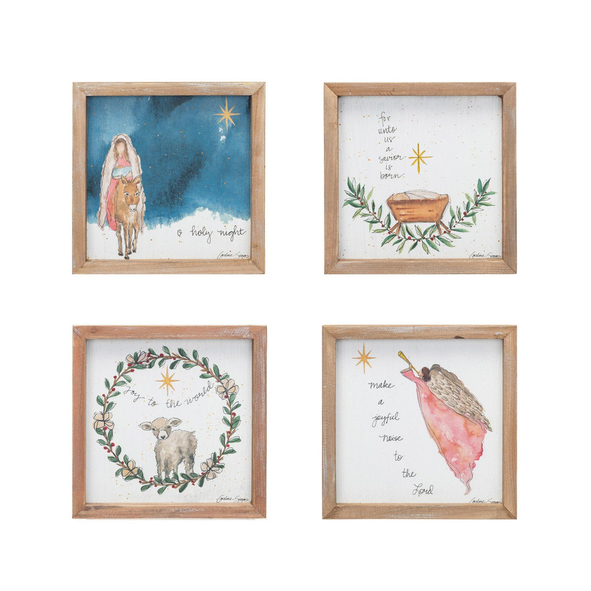 Design Shop Wood Framed Wall Décor w/ Mary, Jesus, Lamb, Shepard & Saying, Set of 4