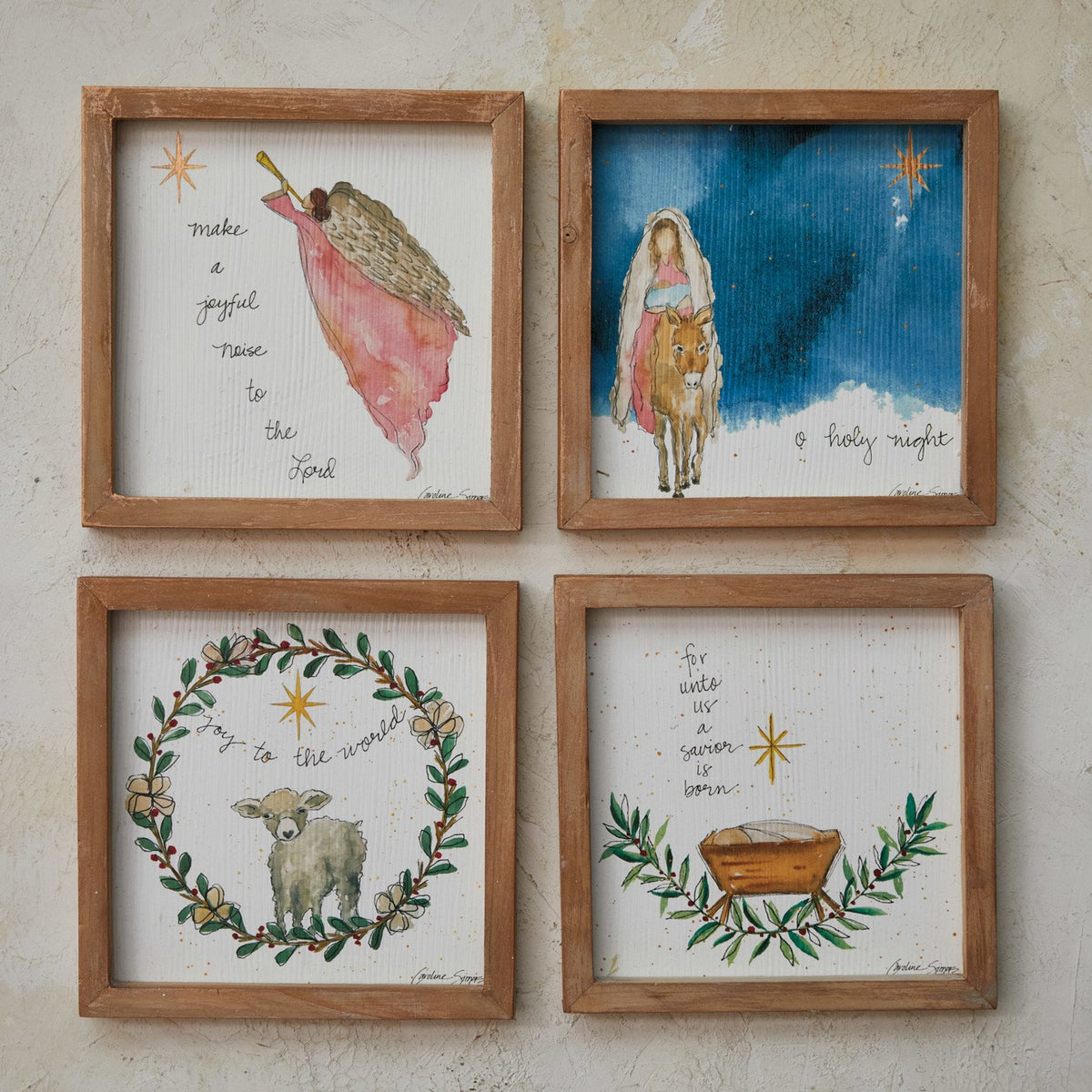 Design Shop Wood Framed Wall Décor w/ Mary, Jesus, Lamb, Shepard & Saying, Set of 4