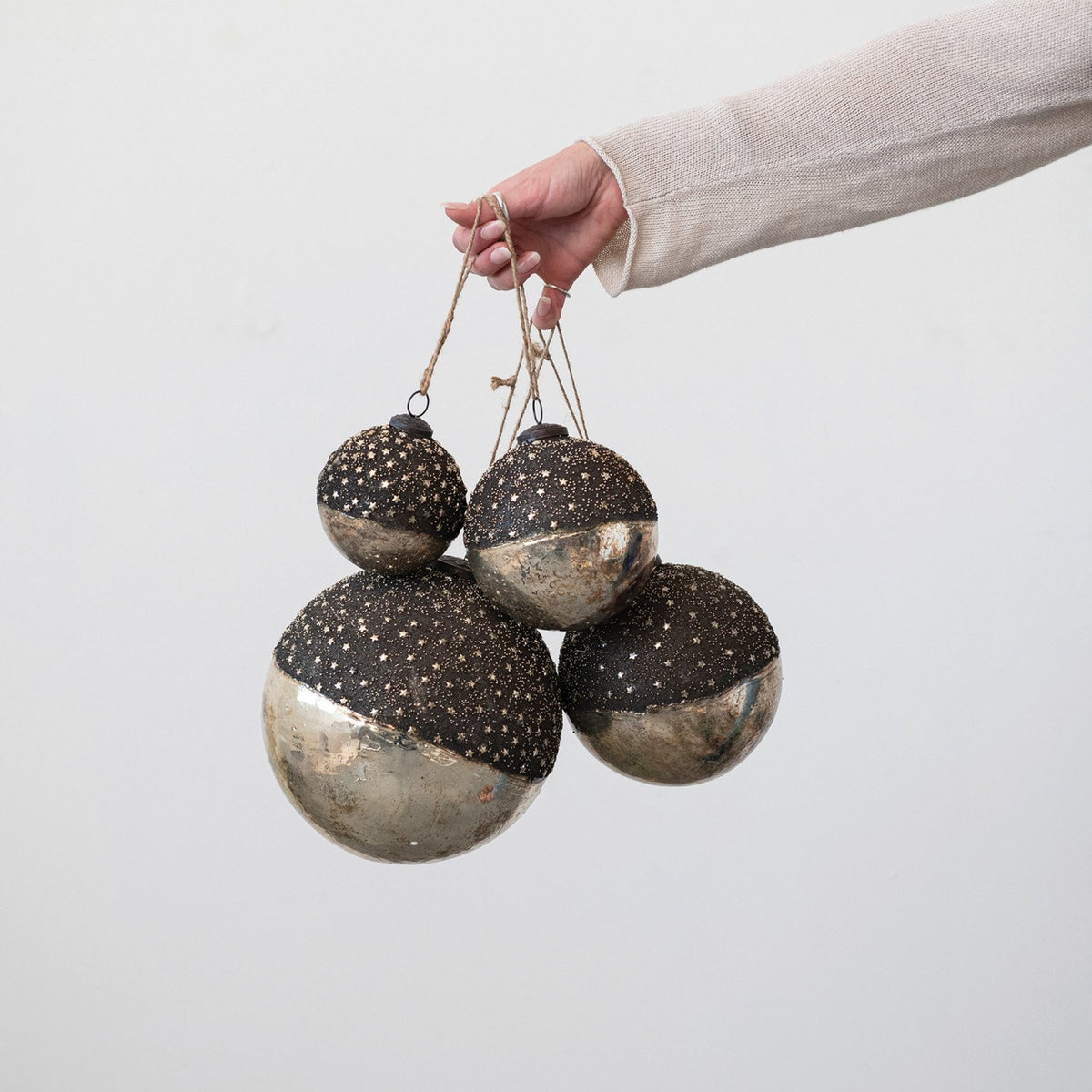 Design Shop Mercury Glass Ball Ornament w/ Stars, Dipped Bronze & Silver Finish