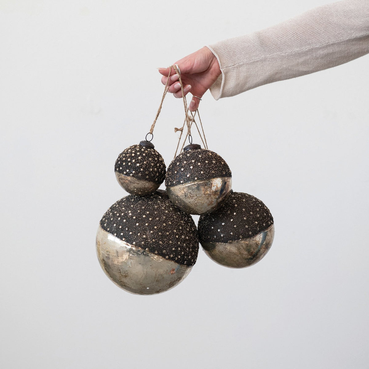 Design Shop Mercury Glass Ball Ornament w/ Stars, Dipped Bronze & Silver Finish