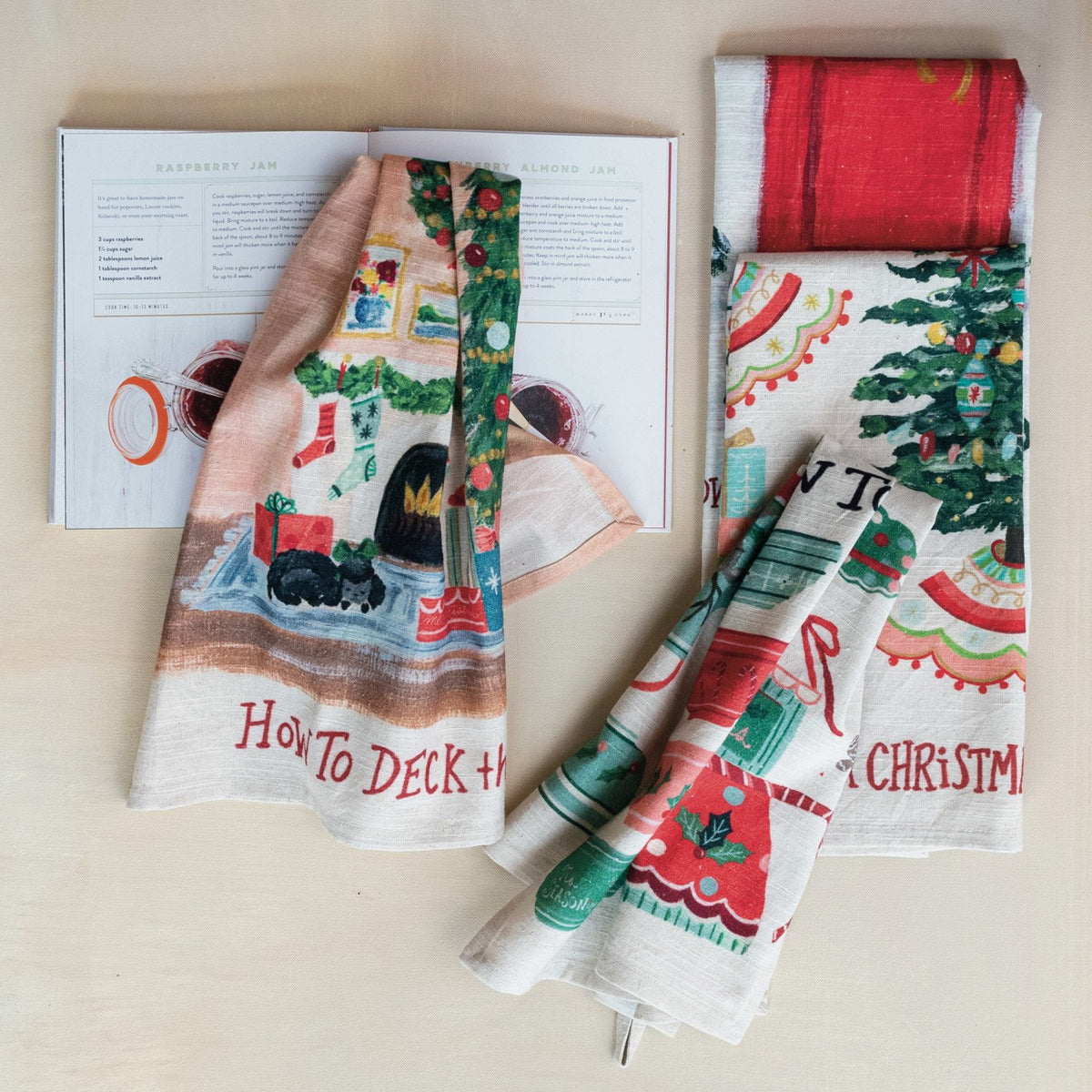 Design Shop Cotton Slub Printed Tea Towel w/ Holiday Saying "How To…", Set of 4