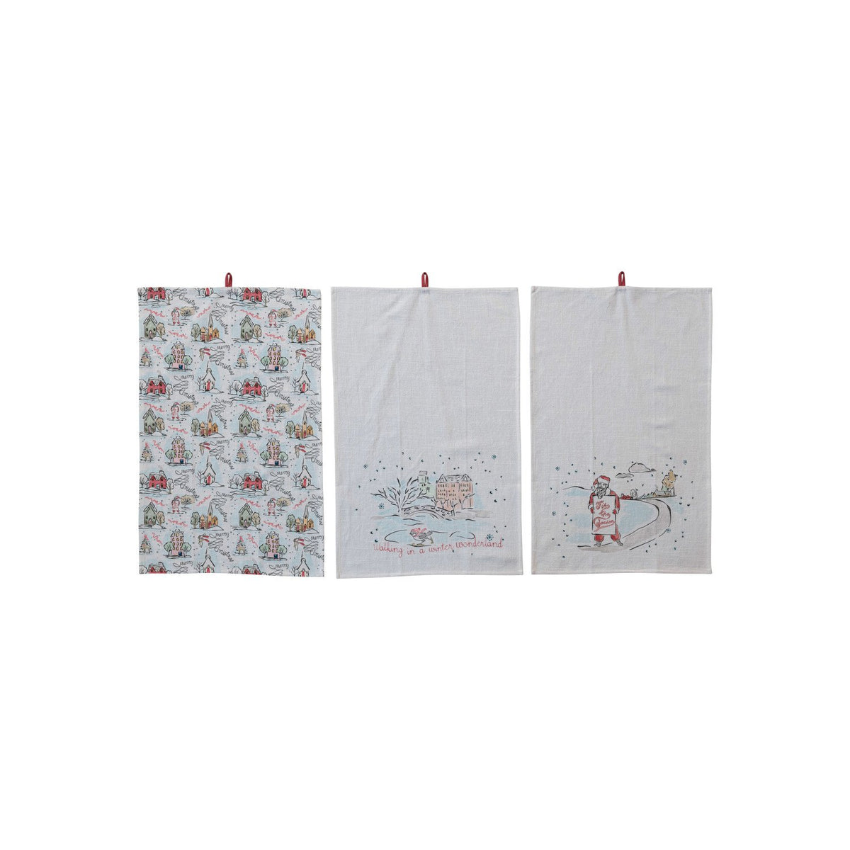 Design Shop Cotton Printed Tea Towel w/ Holiday Scene/Pattern, Saying & Loop, Set of 3