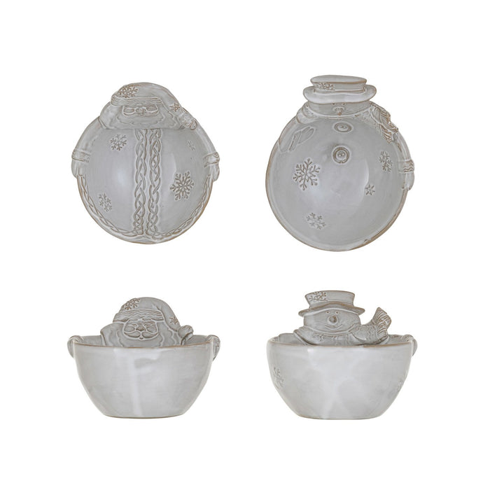 A set of two stoneware bowls designed to resemble Santa and a snowman, with a white and grey color scheme.