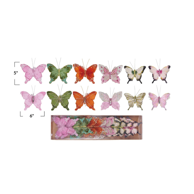 Design Shop Feather Butterfly Clip-on Ornaments w/ Glitter, Boxed Set of 12
