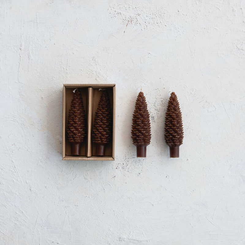 Design Shop Unscented Pinecone Shaped Taper Candles in Box, Brown, Set of 2