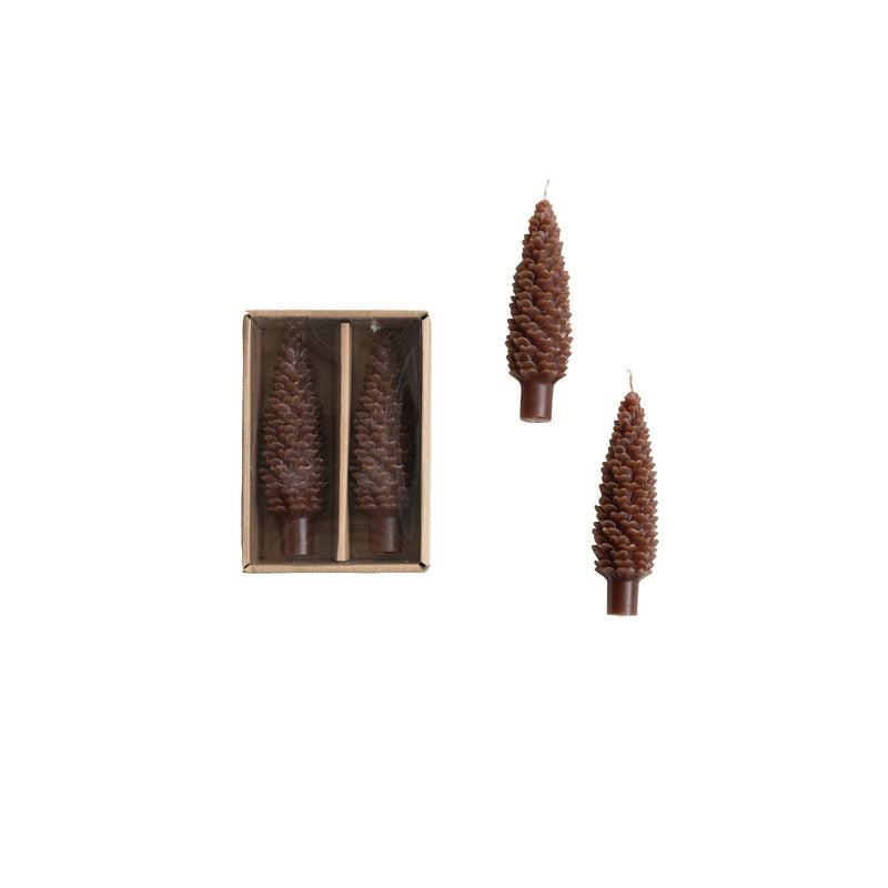 Design Shop Unscented Pinecone Shaped Taper Candles in Box, Brown, Set of 2