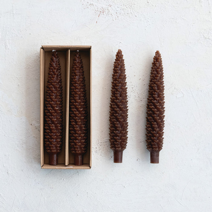 Design Shop Unscented Pinecone Shaped Taper Candles in Box, Brown, Set of 2