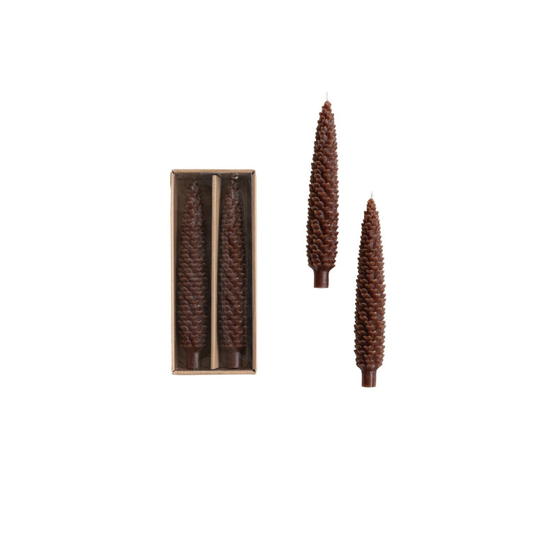 Design Shop Unscented Pinecone Shaped Taper Candles in Box, Brown, Set of 2