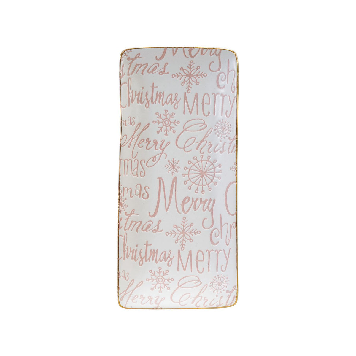 Design Shop Stoneware Tray with Gold Color Rim "Merry Christmas", Pink & White