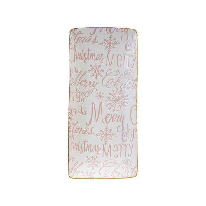 Design Shop Stoneware Tray with Gold Color Rim "Merry Christmas", Pink & White
